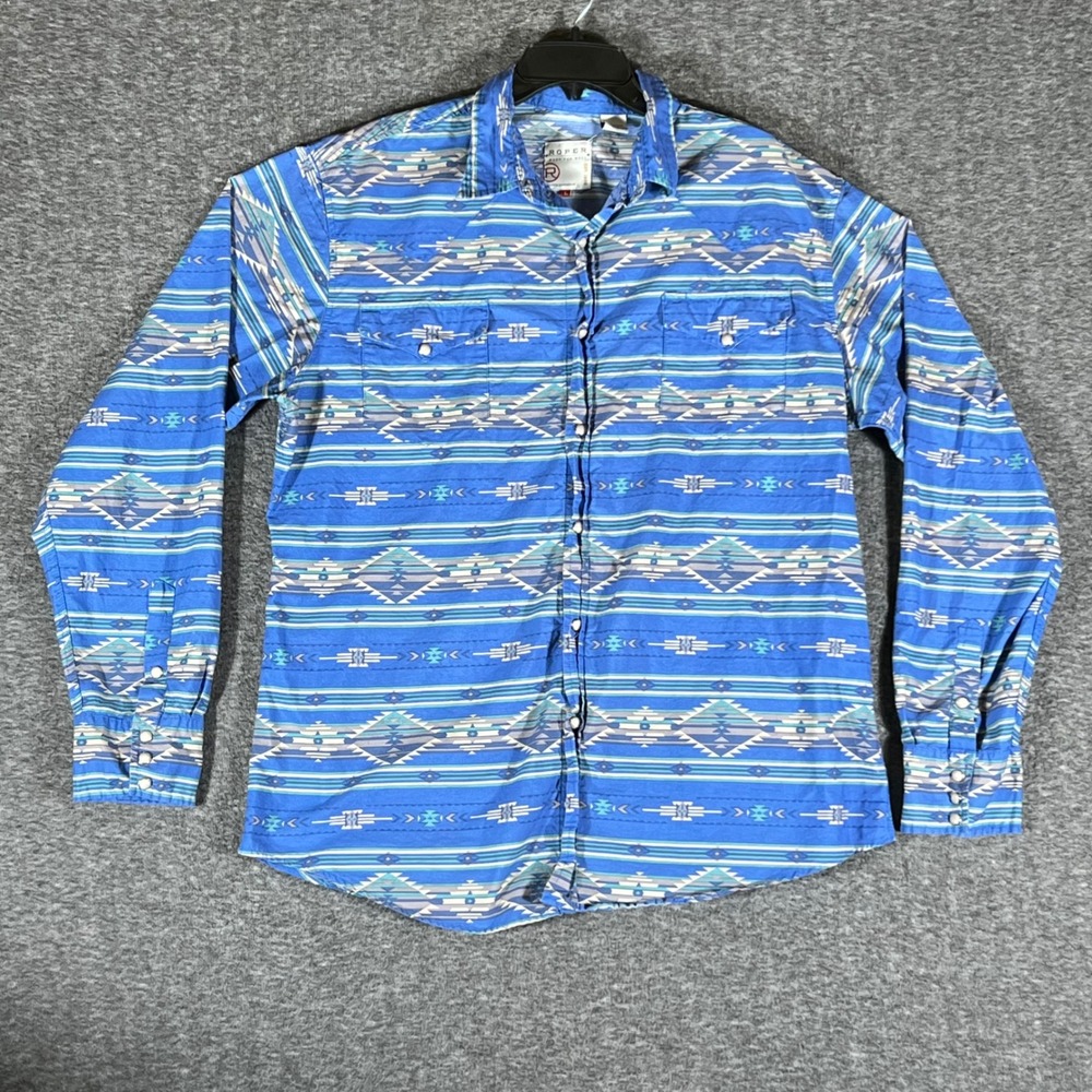 Mens Western Shirt Long Sleeve‎ Blue Geometric Print Button Up Size Medium